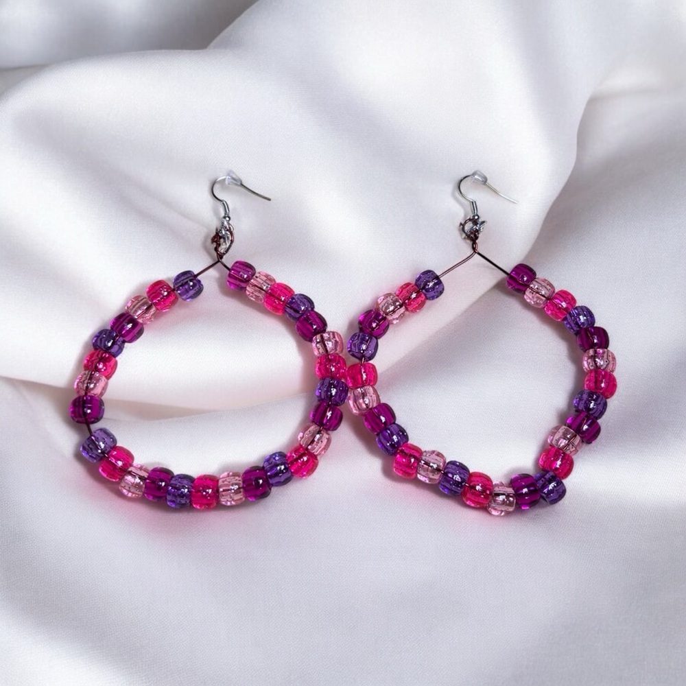 Elegant Pink and Purple Beaded Hoop Earrings